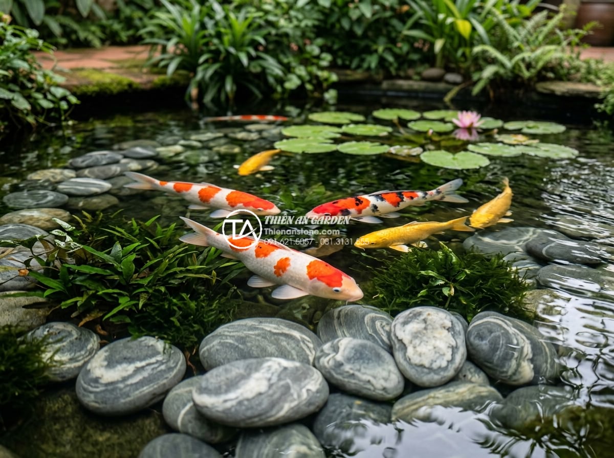 Top 15 Layout đá cuội vân mây đẹp nhất cho hồ cá Koi và hòn non bộ - Hình 5 Top 15 Layout đá cuội vân mây đẹp nhất cho hồ cá Koi và hòn non bộ - Vibrant Koi fish swimming gracefully around beautifully arranged cloud-veined pe