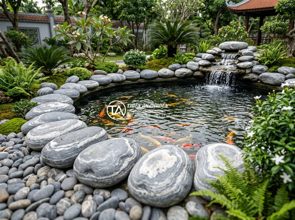 Top 15 Layout đá cuội vân mây đẹp nhất cho hồ cá Koi và hòn non bộ - Hình 9 Top 15 Layout đá cuội vân mây đẹp nhất cho hồ cá Koi và hòn non bộ - Curved cloud-veined pebble arrangement forming an elegant arc around a Koi pond