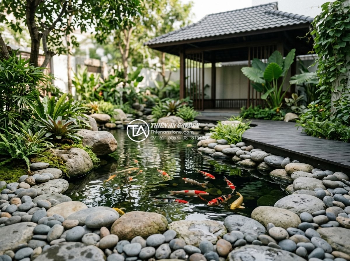Top 7 mẫu hồ cá ngoài trời trang trí đá cuội lớn đẹp nhất năm 2026 - Modern outdoor koi pond featuring large natural pebble stones arranged around cr