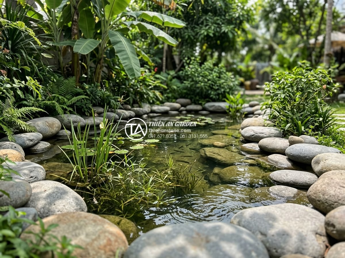 Top 7 mẫu hồ cá ngoài trời trang trí đá cuội lớn đẹp nhất năm 2026 - Natural biotop style outdoor pond with large pebble stones creating ecological b