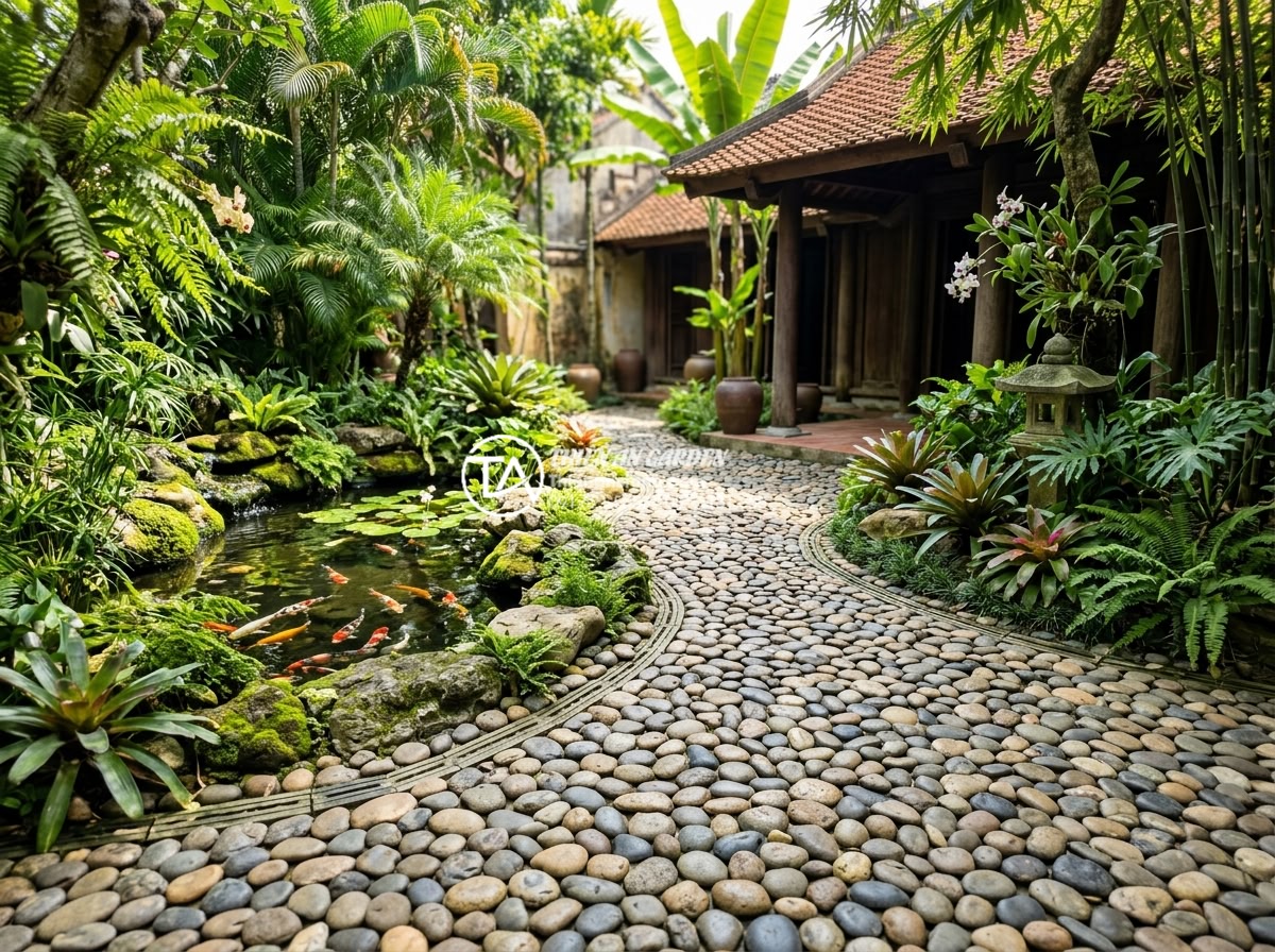 Tư vấn chọn độ dày và kích thước đá cuội lát sân vườn để đảm bảo độ bền - Hình 1 Tư vấn chọn độ dày và kích thước đá cuội lát sân vườn để đảm bảo độ bền - High-resolution image of a luxurious garden courtyard paved with smooth natural