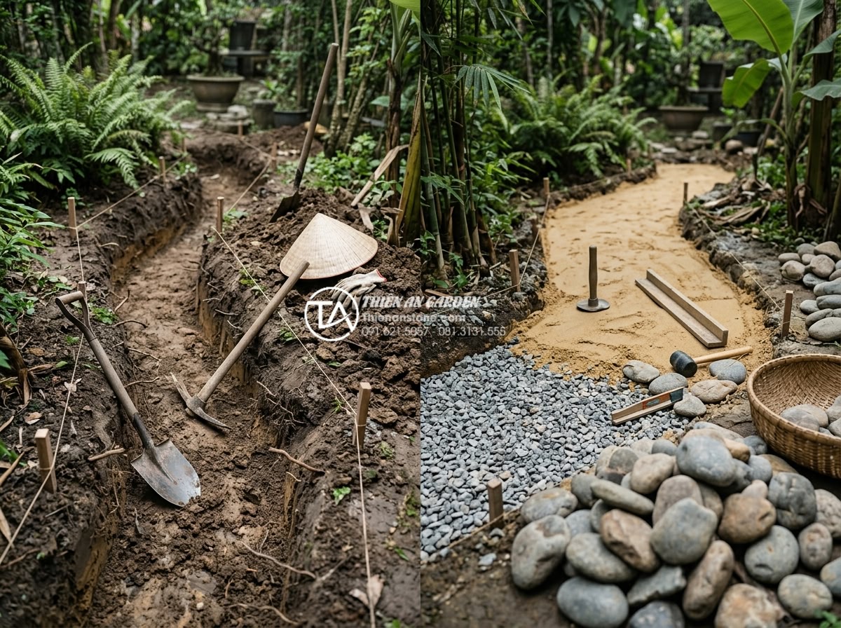 Tư vấn chọn độ dày và kích thước đá cuội lát sân vườn để đảm bảo độ bền - Hình 13 Tư vấn chọn độ dày và kích thước đá cuội lát sân vườn để đảm bảo độ bền - Step-by-step professional construction process photos of pebble stone garden pav
