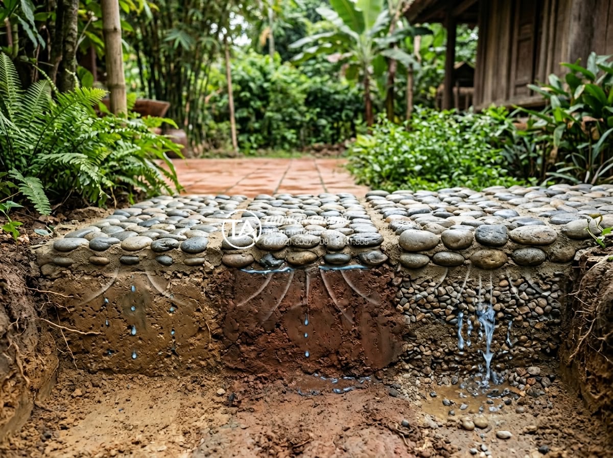 Tư vấn chọn độ dày và kích thước đá cuội lát sân vườn để đảm bảo độ bền - Hình 9 Tư vấn chọn độ dày và kích thước đá cuội lát sân vườn để đảm bảo độ bền - Side view cross section of pebble paving with 5cm, 8cm and 10cm thickness layers