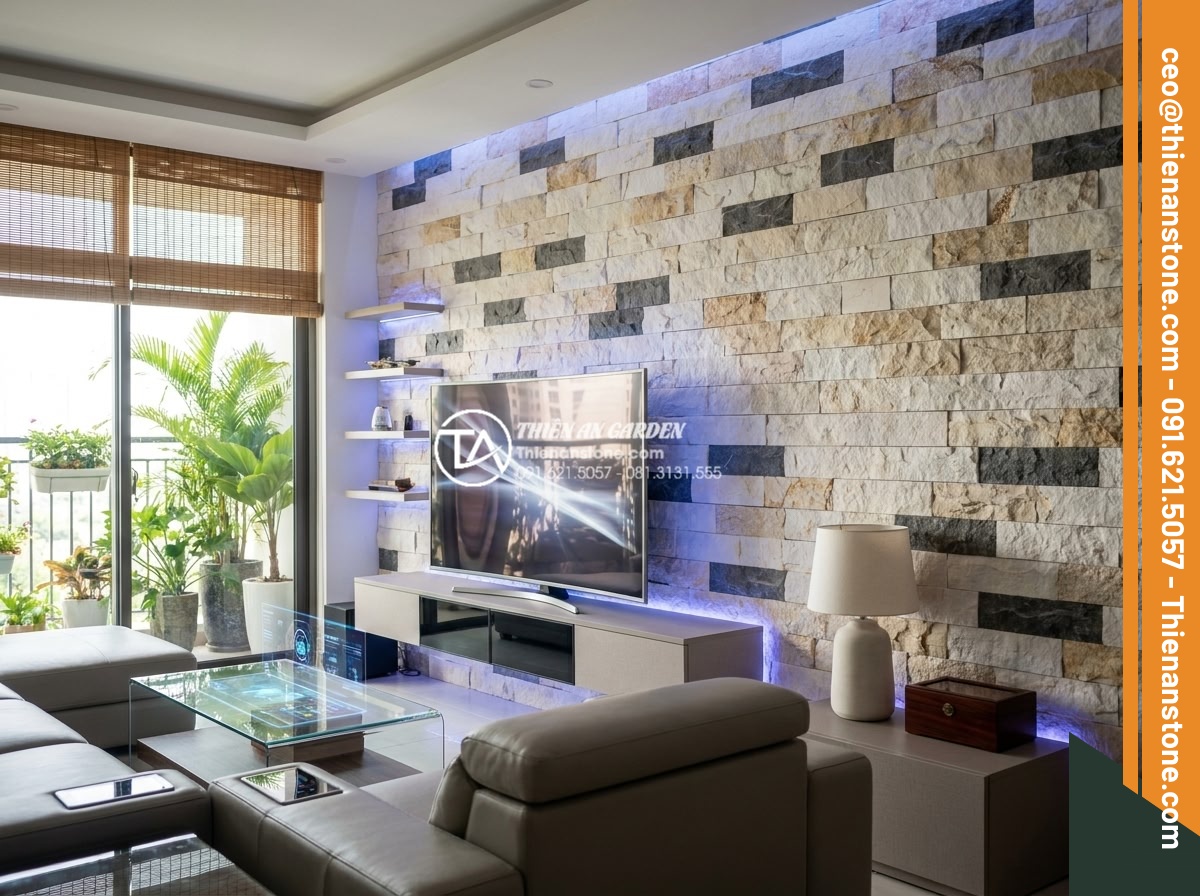 15+ Ý tưởng sử dụng đá ghép trang trí tạo điểm nhấn cho phòng khách 2026 - Hình 13 15+ Ý tưởng sử dụng đá ghép trang trí tạo điểm nhấn cho phòng khách 2026 - High-tech living room with natural stone mosaic walls illuminated by color-chang
