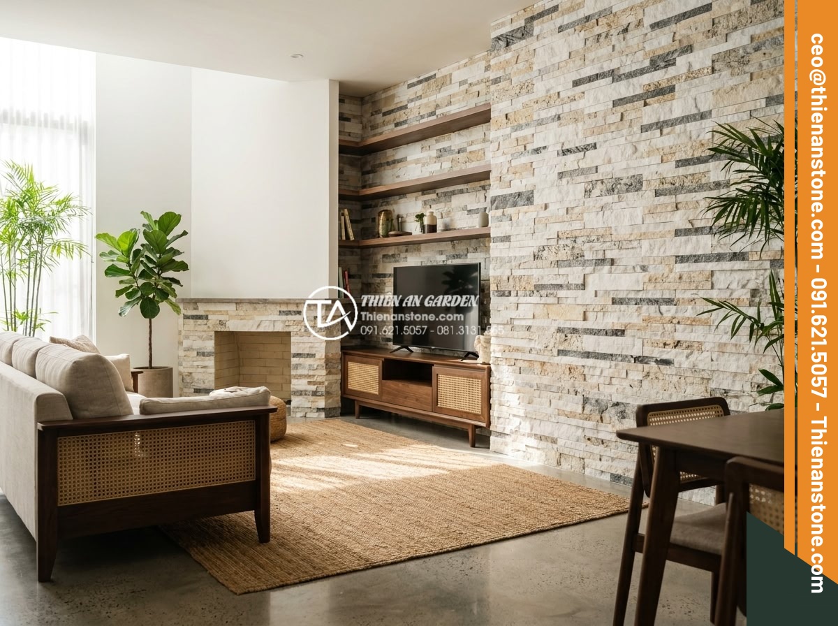 15+ Ý tưởng sử dụng đá ghép trang trí tạo điểm nhấn cho phòng khách 2026 - Hình 23 15+ Ý tưởng sử dụng đá ghép trang trí tạo điểm nhấn cho phòng khách 2026 - Stunning completed living room project showcasing multiple creative stone mosaic
