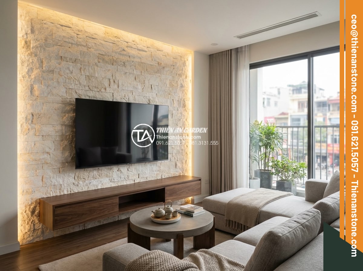 15+ Ý tưởng sử dụng đá ghép trang trí tạo điểm nhấn cho phòng khách 2026 - Hình 9 15+ Ý tưởng sử dụng đá ghép trang trí tạo điểm nhấn cho phòng khách 2026 - Modern living room TV accent wall covered in natural stone mosaic with hidden LE