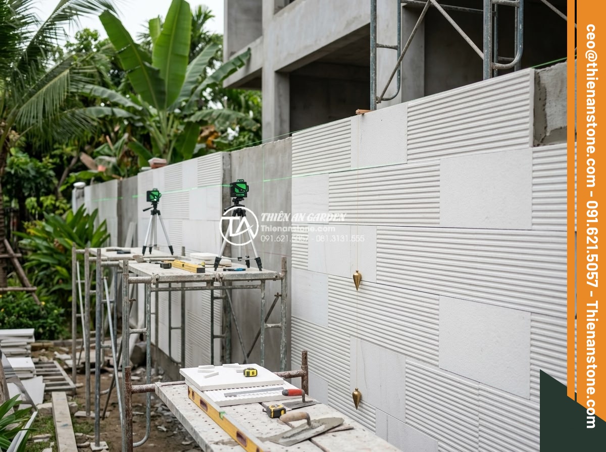 3 Sai lầm thường gặp khi thi công đá răng lược khiến công trình nhanh hỏng - Hình 11 3 Sai lầm thường gặp khi thi công đá răng lược khiến công trình nhanh hỏng - Professional team of stone masons installing comb tooth stone in a large villa g