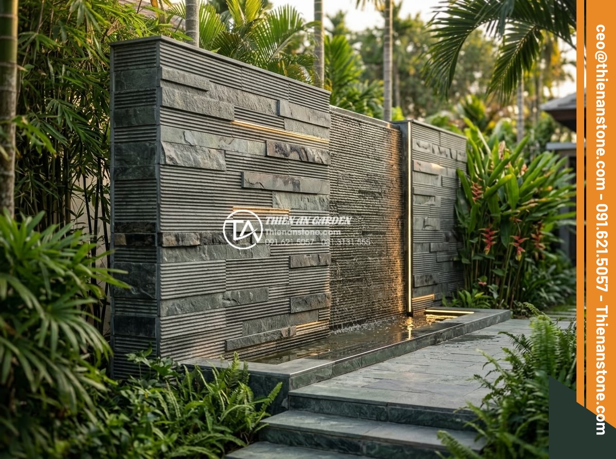 3 Sai lầm thường gặp khi thi công đá răng lược khiến công trình nhanh hỏng - Hình 12 3 Sai lầm thường gặp khi thi công đá răng lược khiến công trình nhanh hỏng - Completed high-end comb tooth stone feature wall in a luxury resort garden with