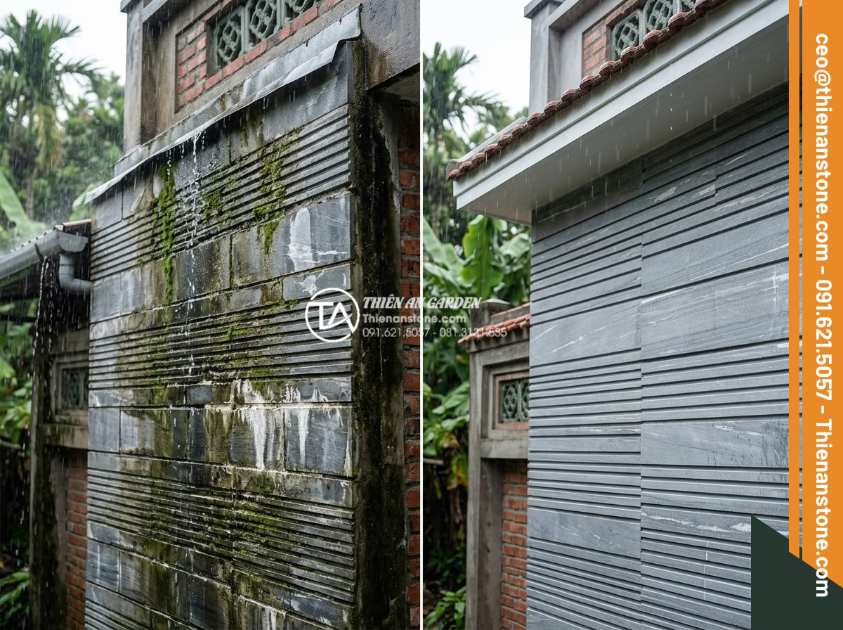 3 Sai lầm thường gặp khi thi công đá răng lược khiến công trình nhanh hỏng - Hình 13 3 Sai lầm thường gặp khi thi công đá răng lược khiến công trình nhanh hỏng - Environmental factors illustration: heavy rain on poorly installed comb tooth st
