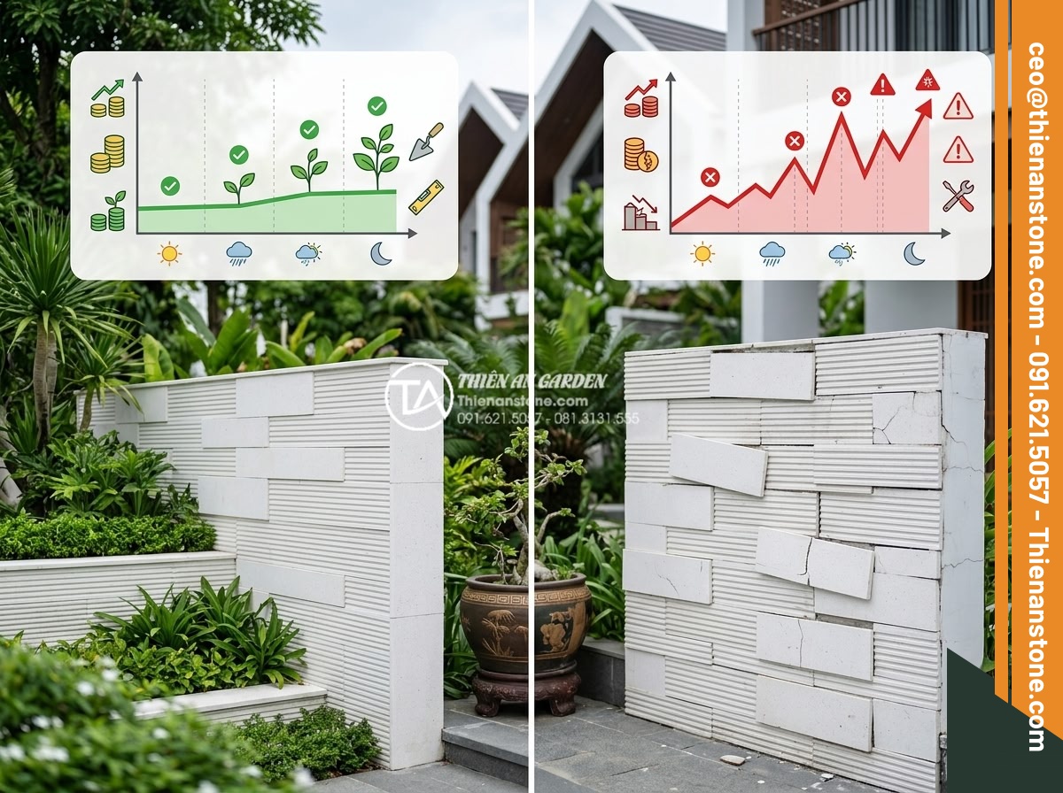 3 Sai lầm thường gặp khi thi công đá răng lược khiến công trình nhanh hỏng - Hình 15 3 Sai lầm thường gặp khi thi công đá răng lược khiến công trình nhanh hỏng - Cost comparison infographic style image with charts showing long-term savings of