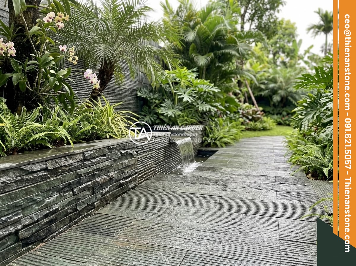 3 Sai lầm thường gặp khi thi công đá răng lược khiến công trình nhanh hỏng - Hình 16 3 Sai lầm thường gặp khi thi công đá răng lược khiến công trình nhanh hỏng - Luxury completed garden with comb tooth stone features, showing high value aesth