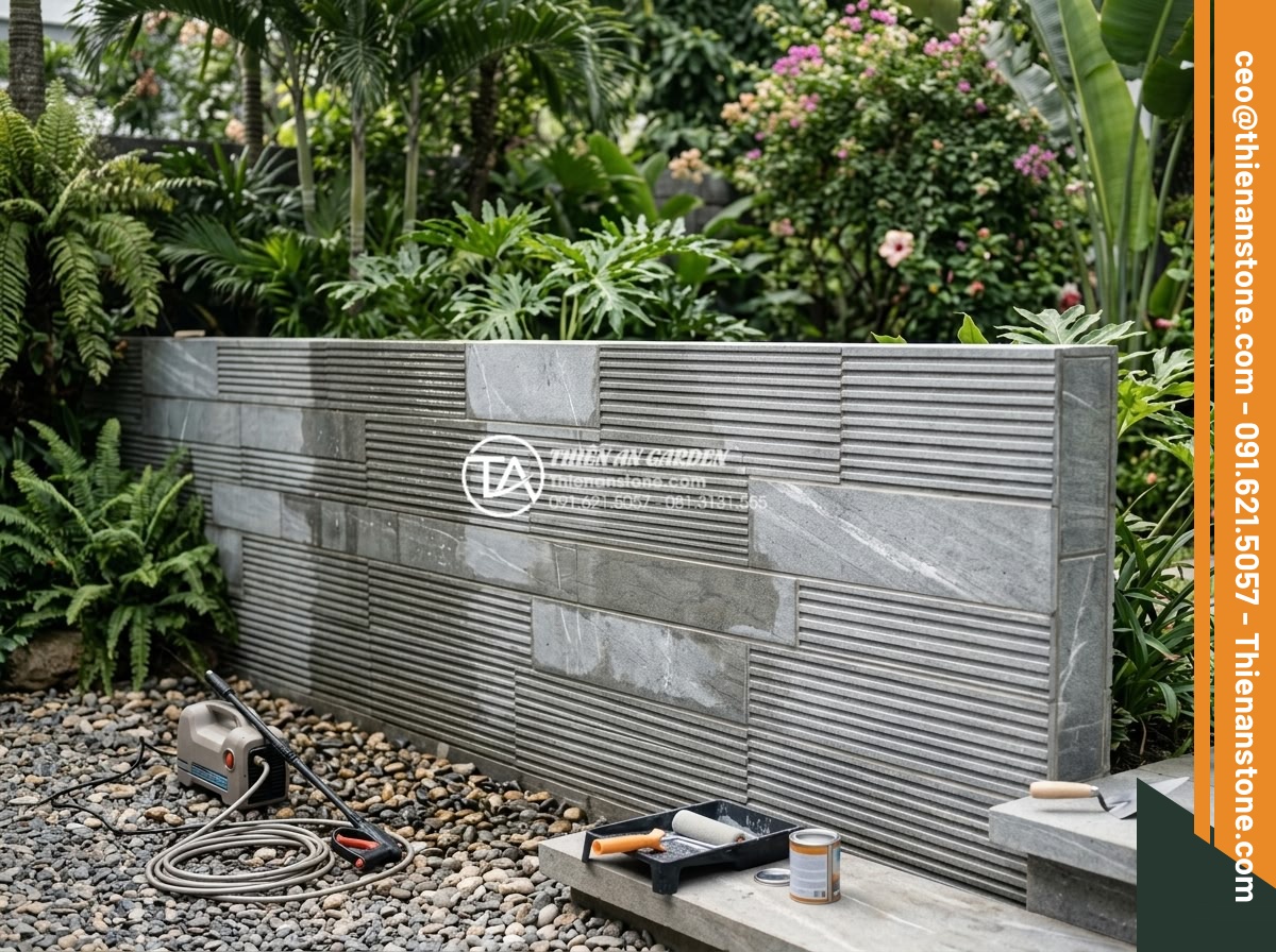 3 Sai lầm thường gặp khi thi công đá răng lược khiến công trình nhanh hỏng - Hình 17 3 Sai lầm thường gặp khi thi công đá răng lược khiến công trình nhanh hỏng - Maintenance process of comb tooth stone: gentle cleaning with pressure washer, a