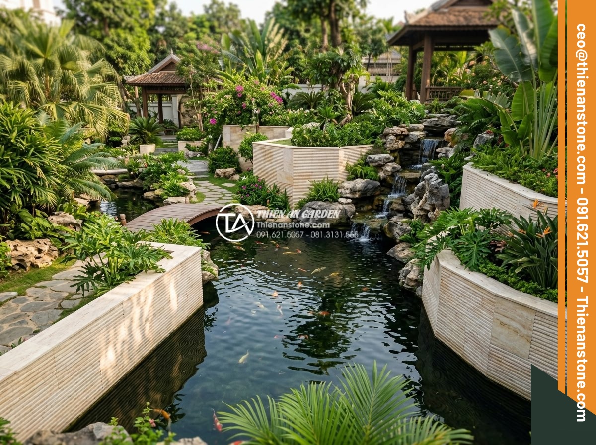 3 Sai lầm thường gặp khi thi công đá răng lược khiến công trình nhanh hỏng - Hình 2 3 Sai lầm thường gặp khi thi công đá răng lược khiến công trình nhanh hỏng - Wide angle shot of a luxurious Vietnamese garden landscape featuring installed c