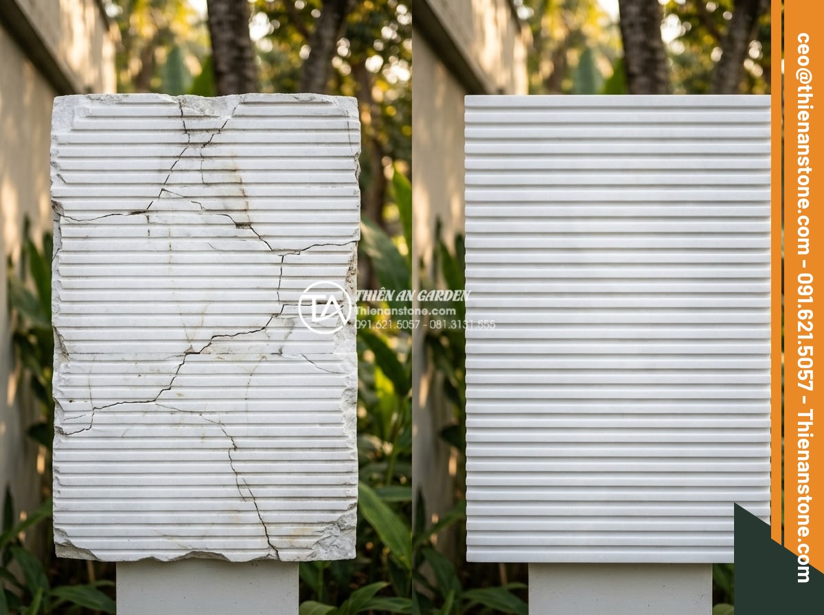 3 Sai lầm thường gặp khi thi công đá răng lược khiến công trình nhanh hỏng - Hình 3 3 Sai lầm thường gặp khi thi công đá răng lược khiến công trình nhanh hỏng - Comparison image showing low quality versus premium comb tooth stone: left side