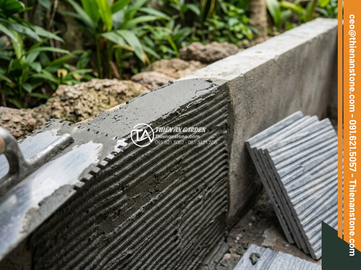 3 Sai lầm thường gặp khi thi công đá răng lược khiến công trình nhanh hỏng - Hình 5 3 Sai lầm thường gặp khi thi công đá răng lược khiến công trình nhanh hỏng - Step-by-step professional installation of comb tooth stone on a garden wall: wor