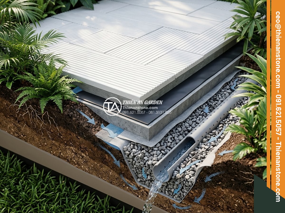 3 Sai lầm thường gặp khi thi công đá răng lược khiến công trình nhanh hỏng - Hình 7 3 Sai lầm thường gặp khi thi công đá răng lược khiến công trình nhanh hỏng - Cross-section diagram style image showing proper waterproofing and drainage syst