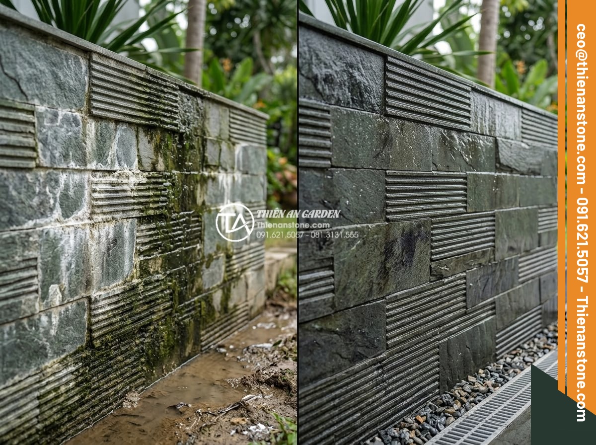3 Sai lầm thường gặp khi thi công đá răng lược khiến công trình nhanh hỏng - Hình 8 3 Sai lầm thường gặp khi thi công đá răng lược khiến công trình nhanh hỏng - Before and after comparison of comb tooth stone wall damaged by poor drainage ve
