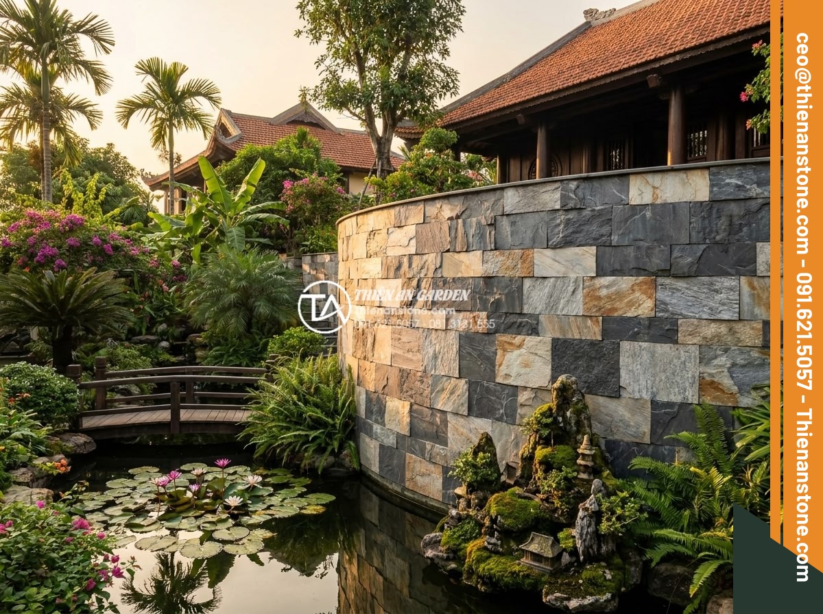 Báo giá đá ghép ốp tường tự nhiên mới nhất 2026: Đủ mẫu mã, màu sắc - Hình 2 Báo giá đá ghép ốp tường tự nhiên mới nhất 2026: Đủ mẫu mã, màu sắc - Wide angle professional photograph of a beautifully landscaped Vietnamese villa