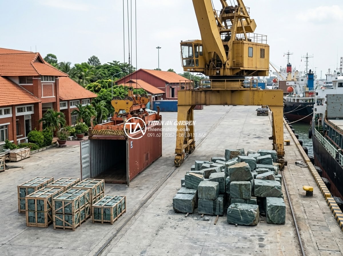 Báo giá đá xanh Nhật Bản trang trí sân vườn 2026: Trọn gói từ mỏ đến công trình - Step-by-step process photos of Japanese blue stone quarry mining, sea shipping c