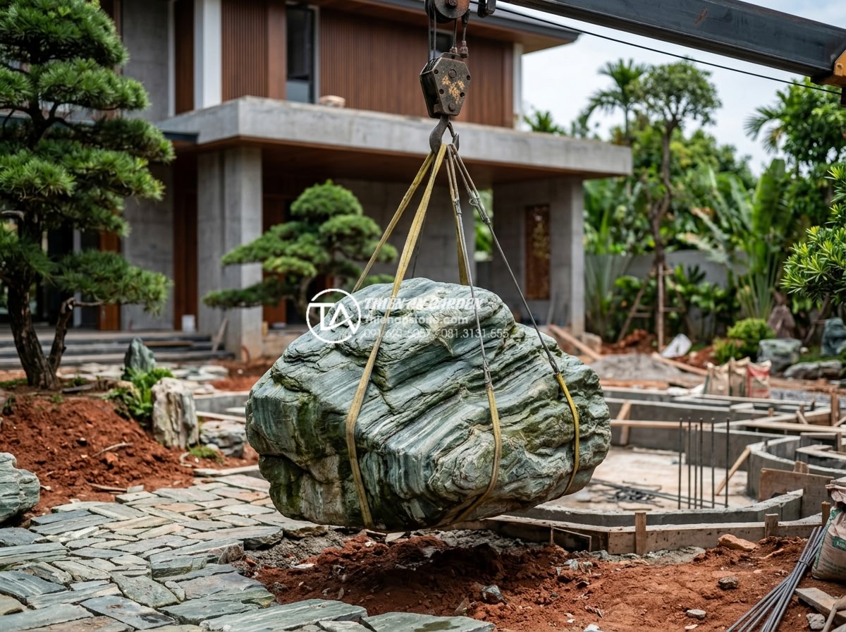 Báo giá đá xanh Nhật Bản trang trí sân vườn 2026: Trọn gói từ mỏ đến công trình - On-site construction team installing large Japanese blue stone features in a lux
