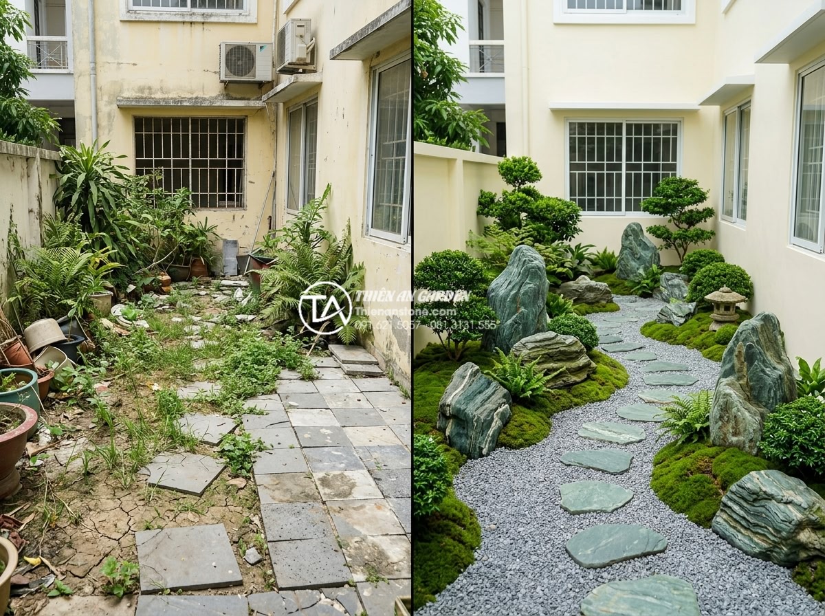 Báo giá đá xanh Nhật Bản trang trí sân vườn 2026: Trọn gói từ mỏ đến công trình - Before and after comparison of garden transformation using Japanese blue stone s