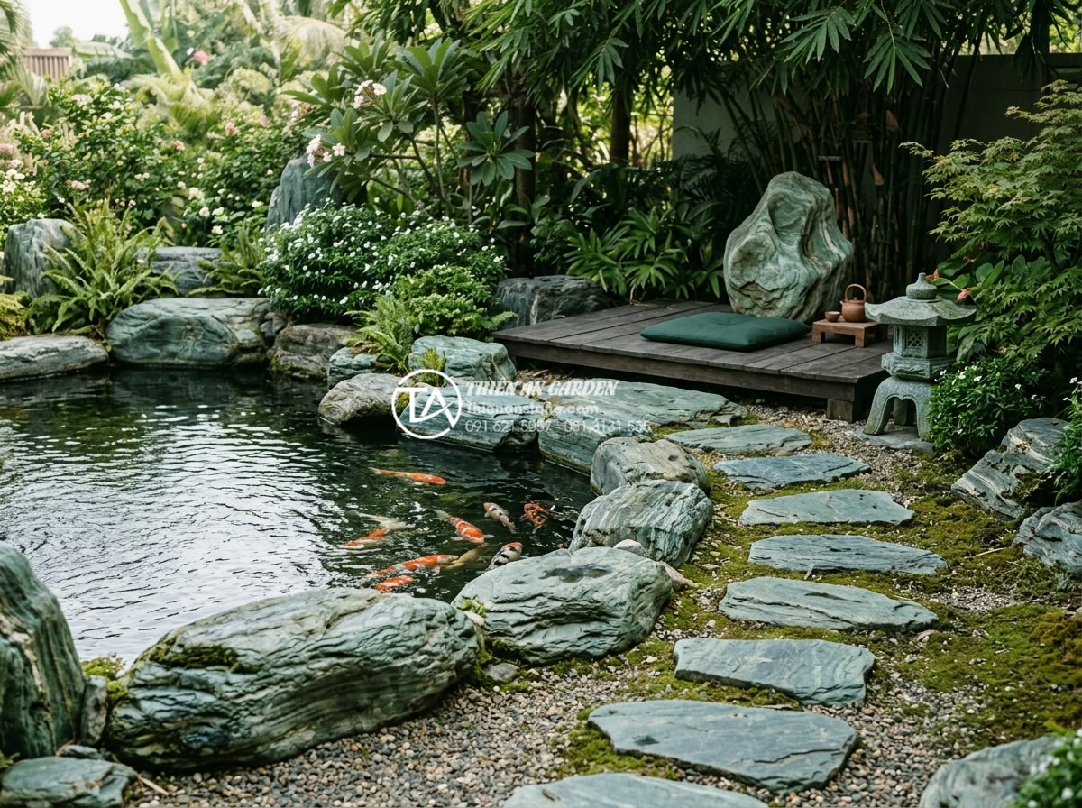 Báo giá đá xanh Nhật Bản trang trí sân vườn 2026: Trọn gói từ mỏ đến công trình - Family enjoying a peaceful garden space decorated with Japanese blue stone aroun