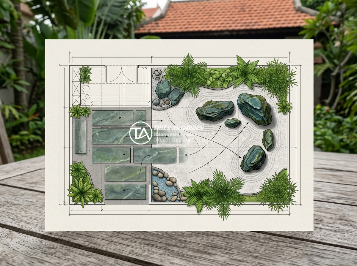 Báo giá đá xanh Nhật Bản trang trí sân vườn 2026: Trọn gói từ mỏ đến công trình - Modern 2026 garden design blueprint with Japanese blue stone placement guideline