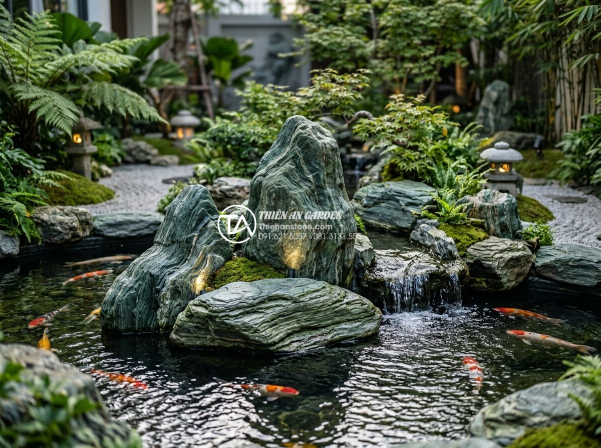 Báo giá đá xanh Nhật Bản trang trí sân vườn 2026: Trọn gói từ mỏ đến công trình - Detailed Japanese blue stone arrangement in koi pond and rockery design with wat