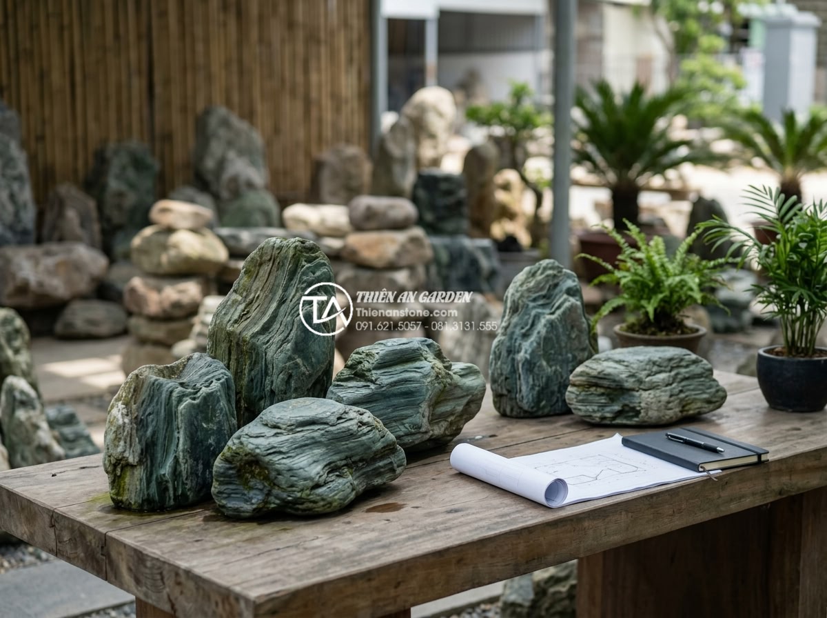Báo giá đá xanh Nhật Bản trang trí sân vườn 2026: Trọn gói từ mỏ đến công trình - Professional consultation meeting at Thien An Stone showroom discussing Japanese