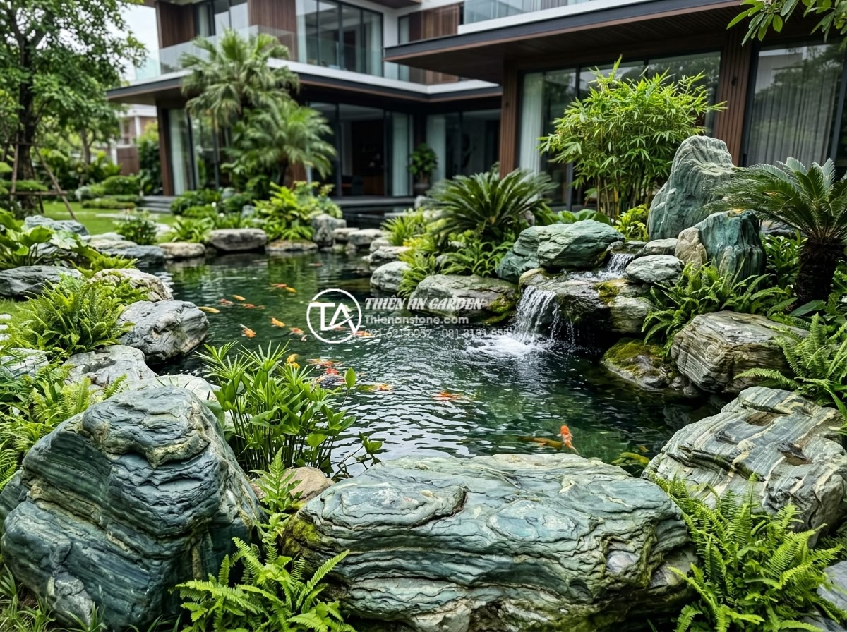 Báo giá đá xanh Nhật Bản trang trí sân vườn 2026: Trọn gói từ mỏ đến công trình - Wide angle view of a luxurious Vietnamese villa garden featuring large Japanese 