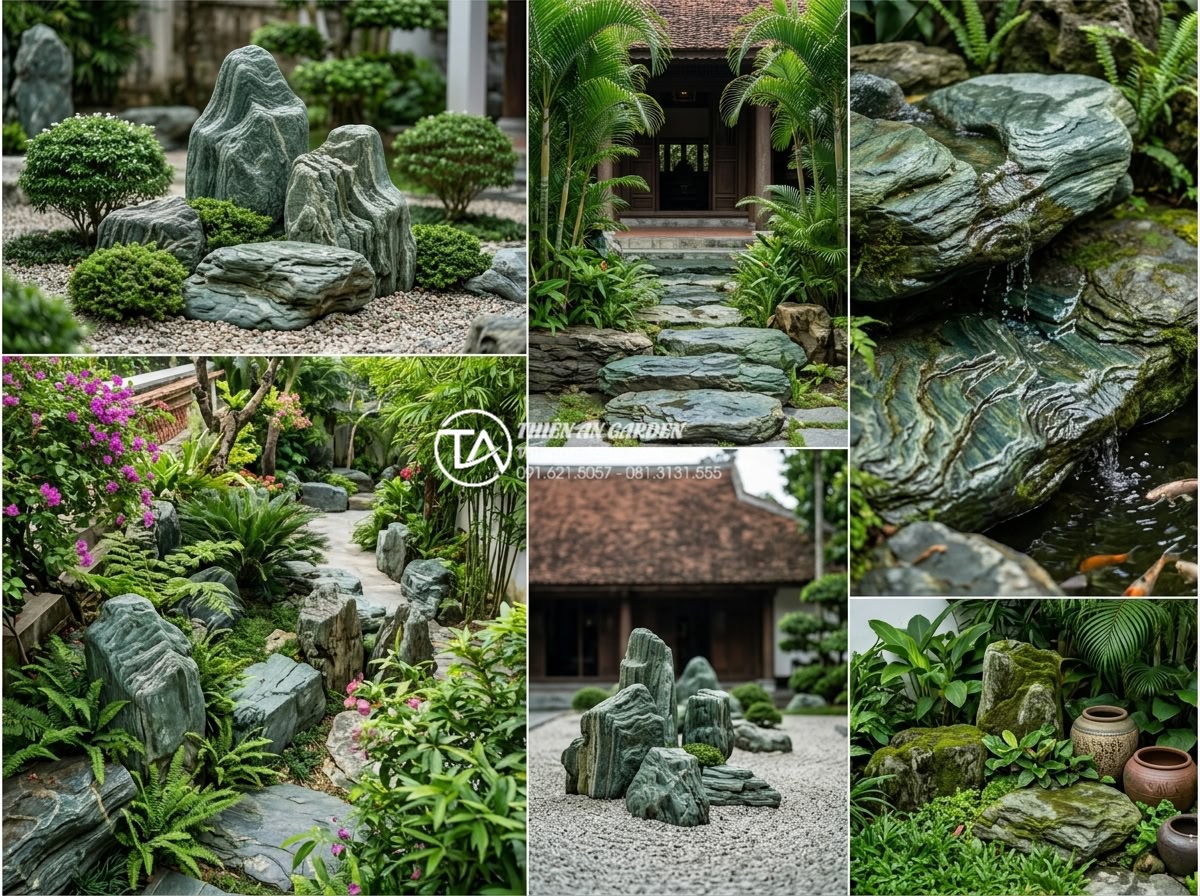 Báo giá đá xanh Nhật Bản trang trí sân vườn 2026: Trọn gói từ mỏ đến công trình - Customer testimonial collage with real Vietnamese villa garden projects using Ja