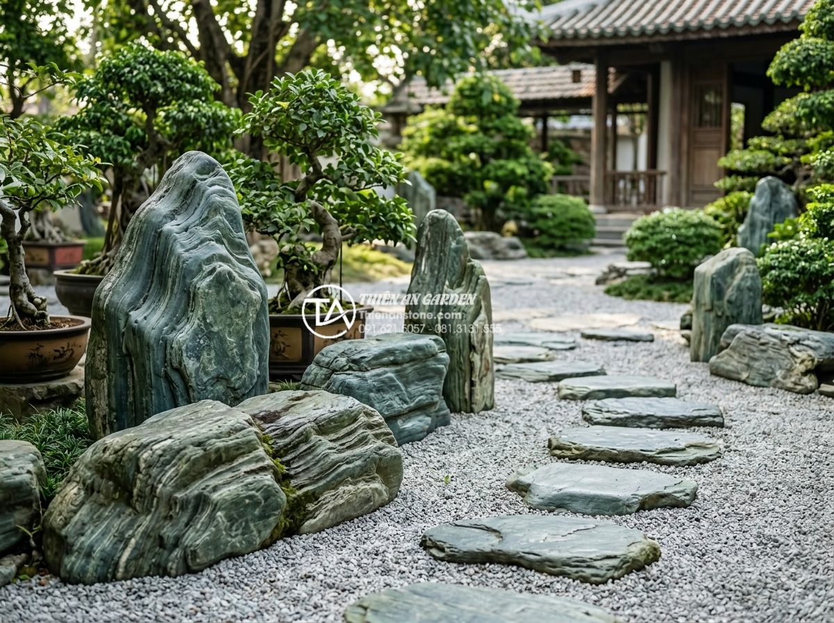Báo giá đá xanh Nhật Bản trang trí sân vườn 2026: Trọn gói từ mỏ đến công trình - Artistic arrangement of polished Japanese blue stone sculptures and stepping sto