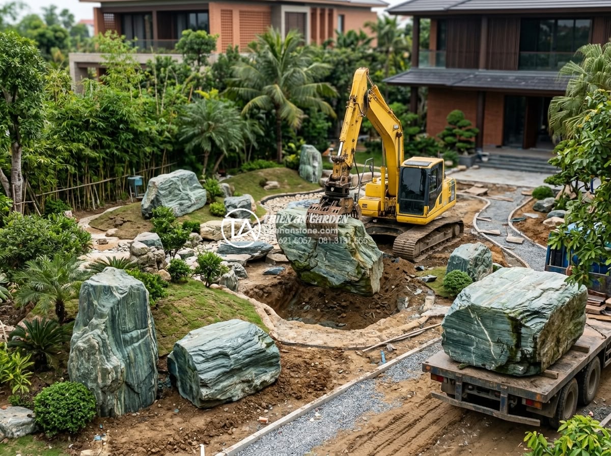 Báo giá đá xanh Nhật Bản trang trí sân vườn 2026: Trọn gói từ mỏ đến công trình - Massive Japanese blue stone monolith blocks being transported and placed in a la