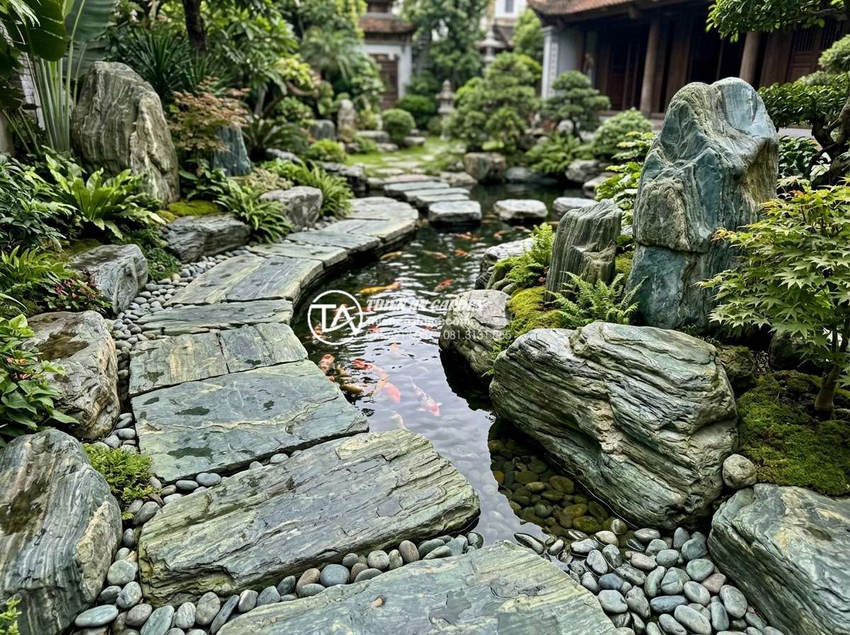 Báo giá đá xanh Nhật Bản trang trí sân vườn 2026: Trọn gói từ mỏ đến công trình - Variety of Japanese blue stone types including large boulders, flat paving slabs