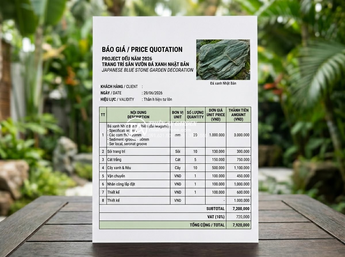Báo giá đá xanh Nhật Bản trang trí sân vườn 2026: Trọn gói từ mỏ đến công trình - Professional price quotation document for Japanese blue stone garden decoration 