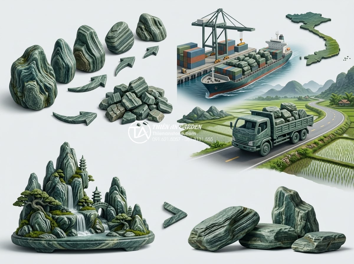 Báo giá đá xanh Nhật Bản trang trí sân vườn 2026: Trọn gói từ mỏ đến công trình - Factors infographic showing elements affecting Japanese blue stone pricing inclu
