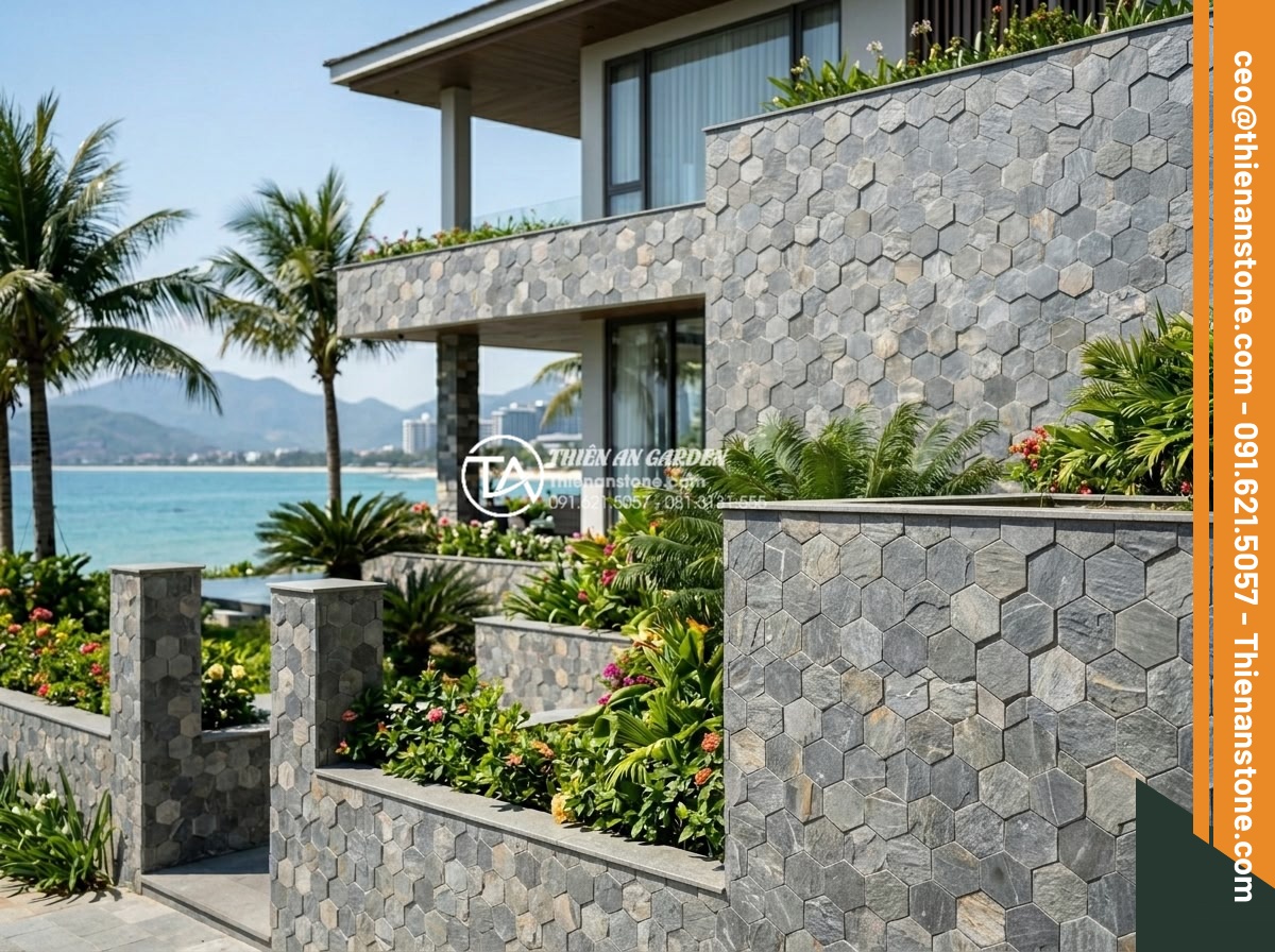 Bí mật độ bền của đá ghép ong xám khi sử dụng cho các công trình ven biển - Hình 10 Bí mật độ bền của đá ghép ong xám khi sử dụng cho các công trình ven biển - Luxury villa seaside project with extensive gray honeycomb stone cladding on wal