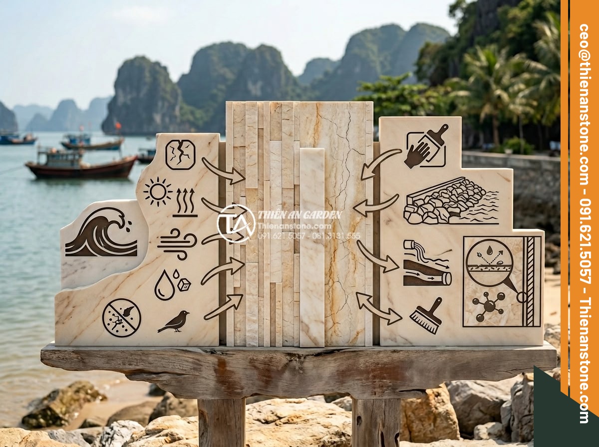 Bí mật độ bền của đá ghép ong xám khi sử dụng cho các công trình ven biển - Hình 13 Bí mật độ bền của đá ghép ong xám khi sử dụng cho các công trình ven biển - Diagram illustrating factors affecting coastal stone durability and protective m