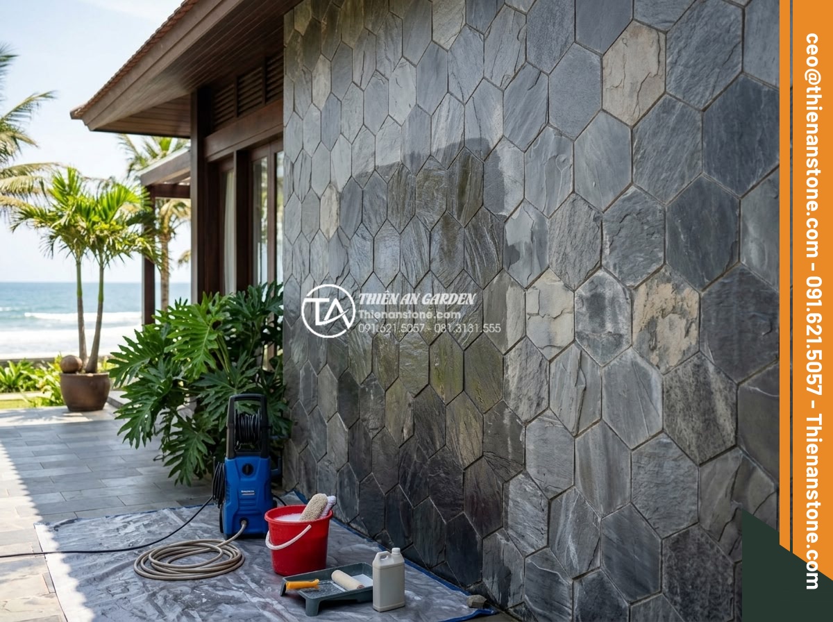 Bí mật độ bền của đá ghép ong xám khi sử dụng cho các công trình ven biển - Hình 15 Bí mật độ bền của đá ghép ong xám khi sử dụng cho các công trình ven biển - Maintenance process showing cleaning and sealing of gray honeycomb stone walls i