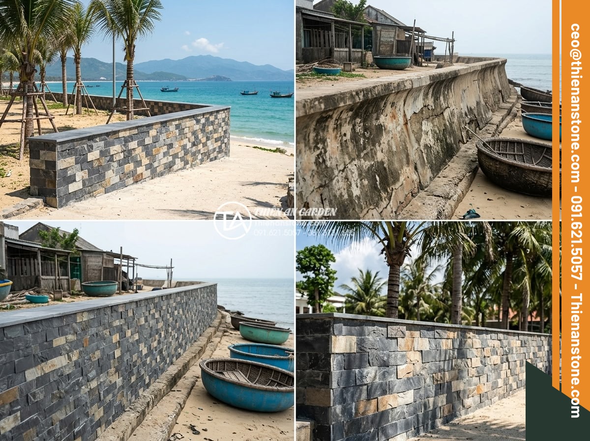 Bí mật độ bền của đá ghép ong xám khi sử dụng cho các công trình ven biển - Hình 20 Bí mật độ bền của đá ghép ong xám khi sử dụng cho các công trình ven biển - Before-after and long-term photos from multiple seaside projects highlighting st