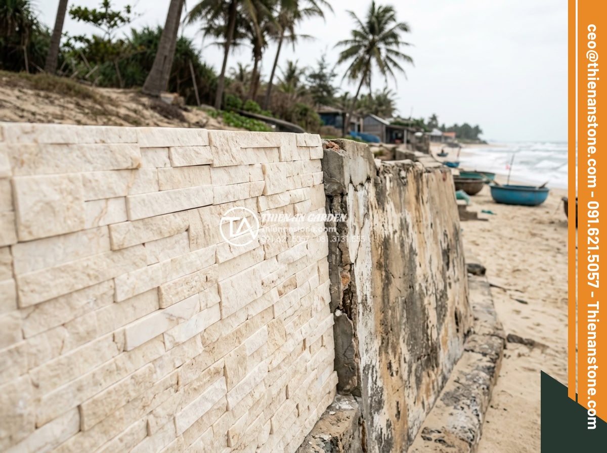 Bí mật độ bền của đá ghép ong xám khi sử dụng cho các công trình ven biển - Hình 8 Bí mật độ bền của đá ghép ong xám khi sử dụng cho các công trình ven biển - Real-world coastal installation comparison showing gray honeycomb stone retainin