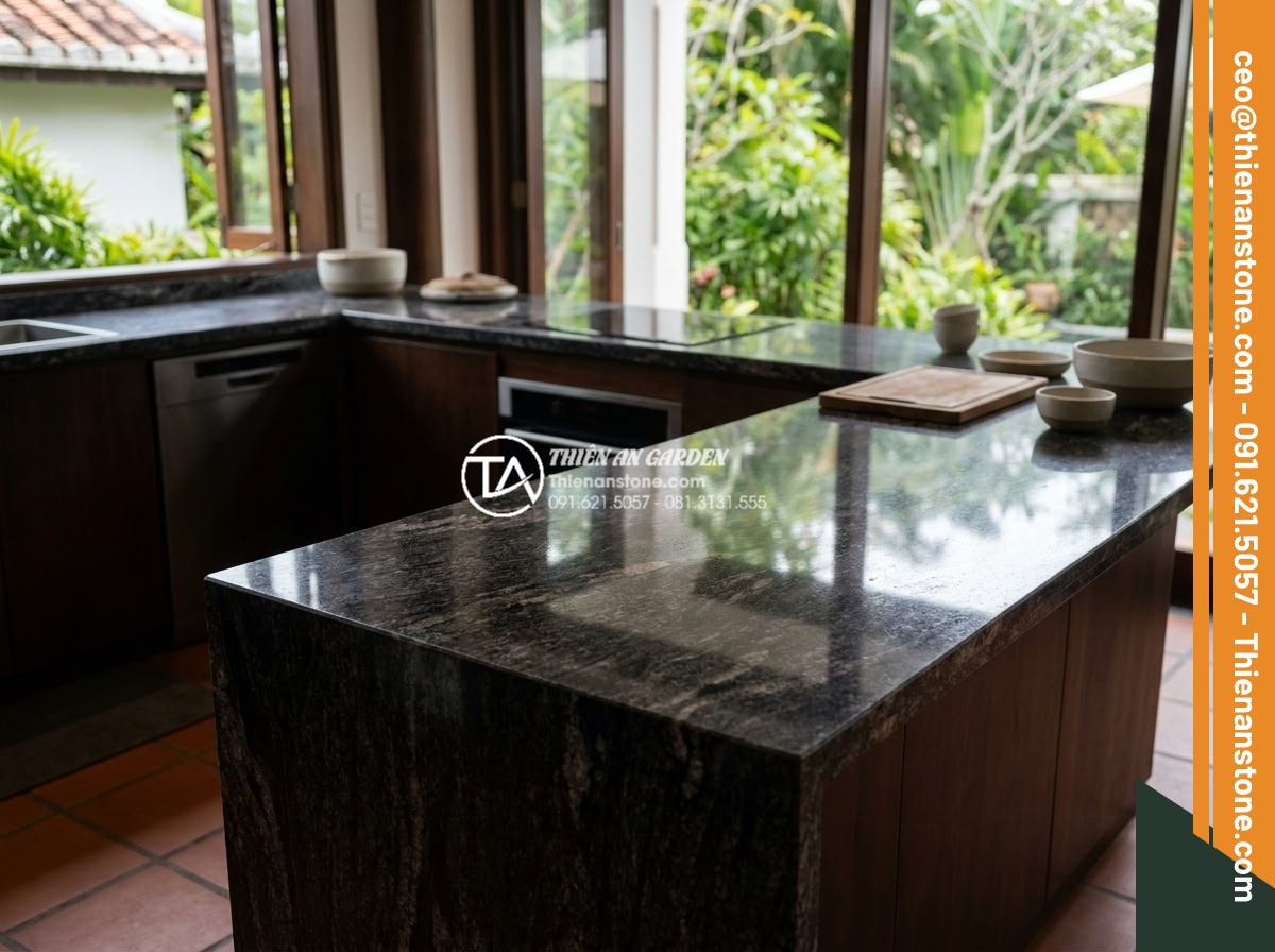 Bí quyết xử lý khe nối khi ghép cạnh đá hoa cương cho mặt bếp chữ L - Hình 6 Bí quyết xử lý khe nối khi ghép cạnh đá hoa cương cho mặt bếp chữ L - Luxury L-shaped granite kitchen countertop installed with invisible seams and hi