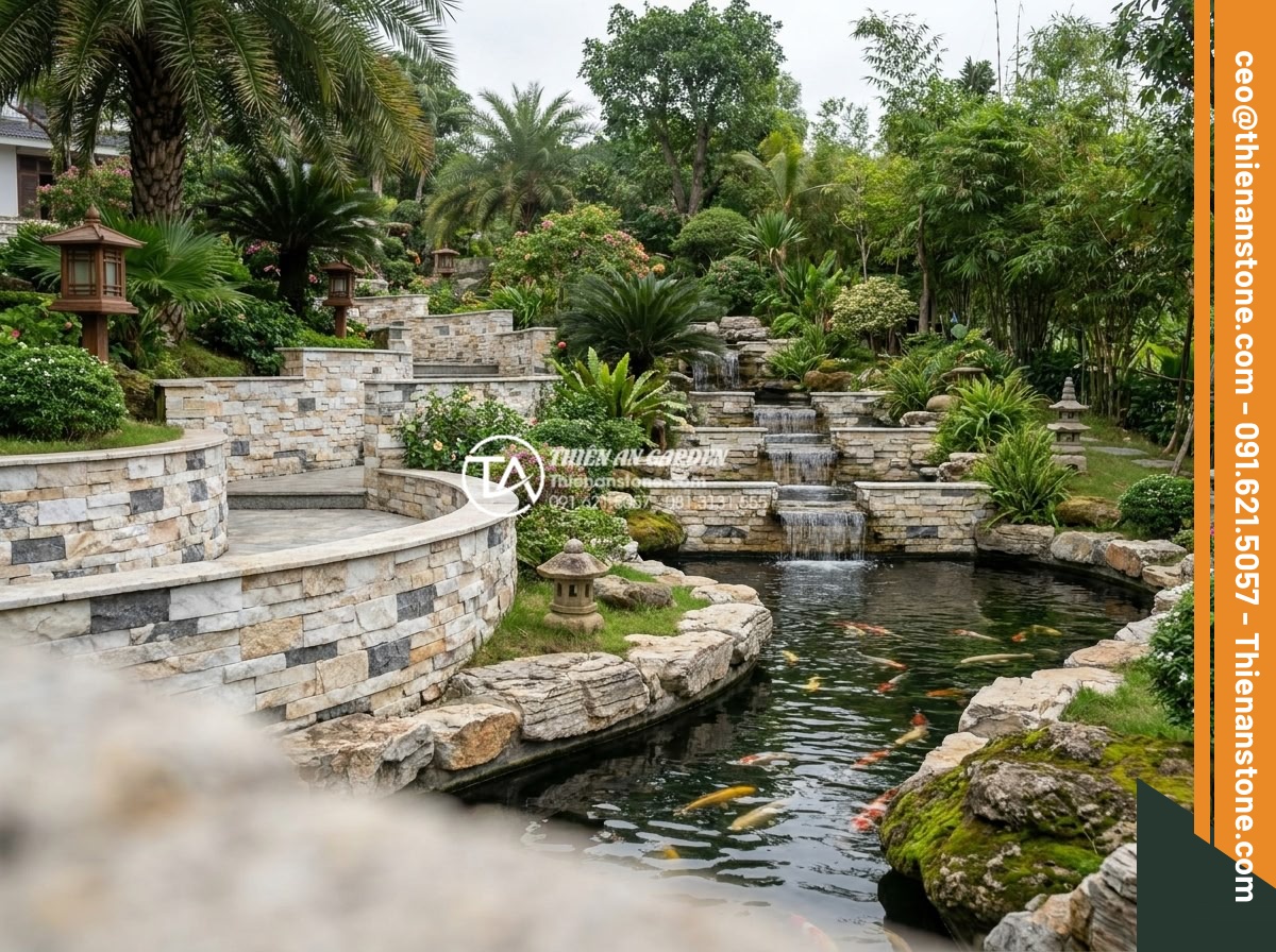 Cách phân biệt đá ghép tự nhiên thật và đá ghép nhân tạo kém chất lượng - Stunning wide shot of a completed luxury resort garden featuring extensive natur