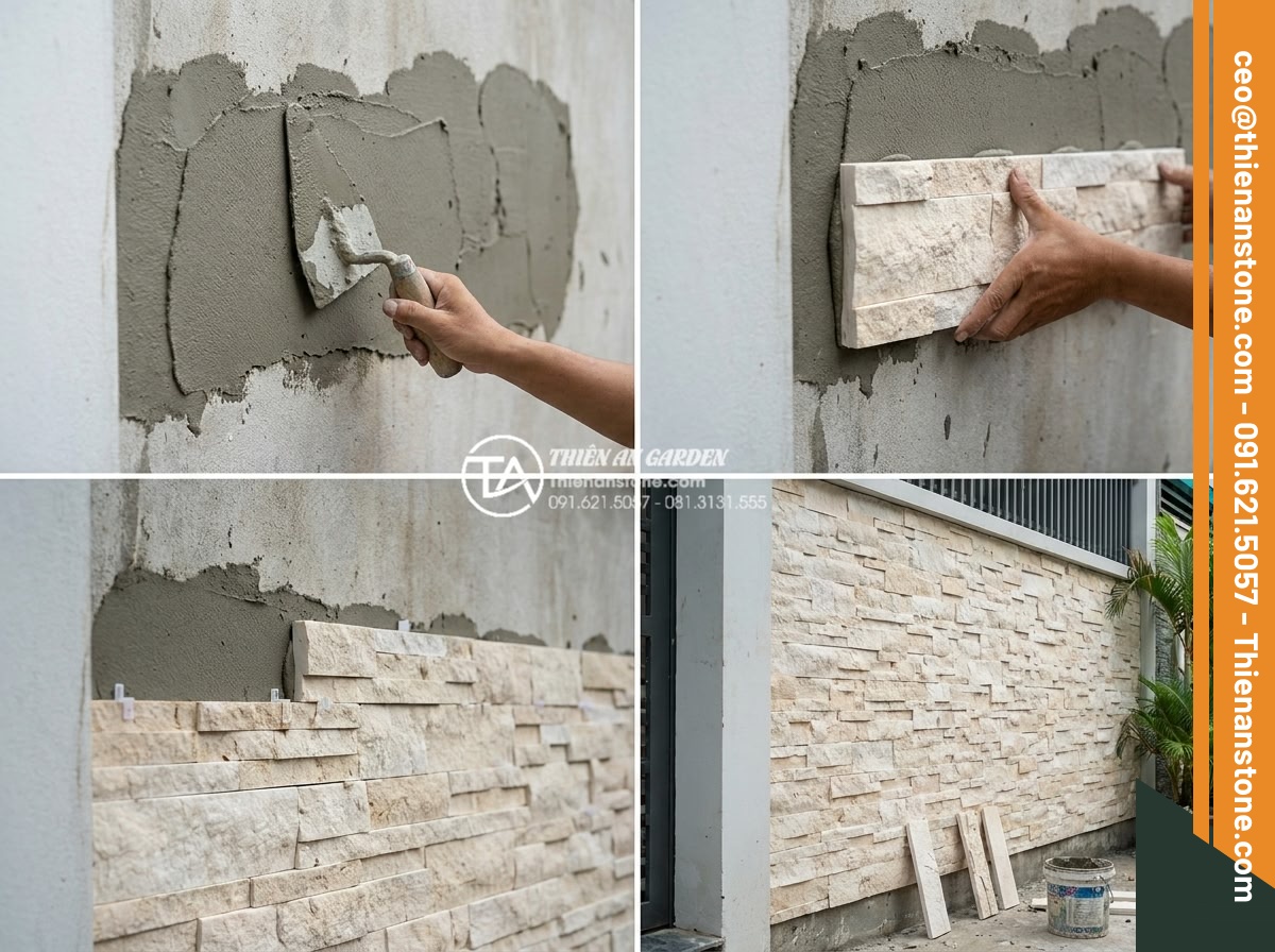 Cách phân biệt đá ghép tự nhiên thật và đá ghép nhân tạo kém chất lượng - Step-by-step installation sequence photograph of professional craftsmen installi