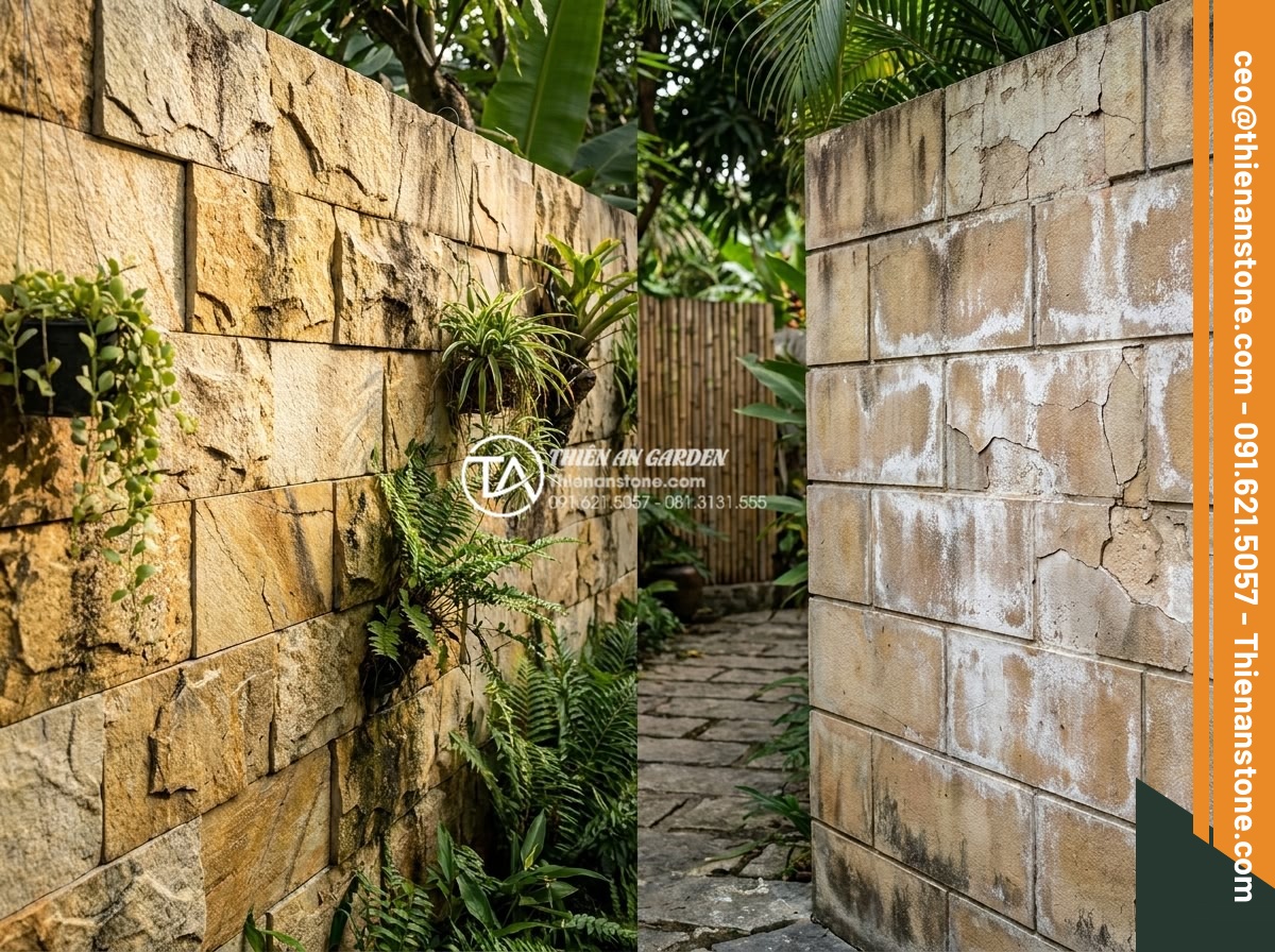 Cách phân biệt đá ghép tự nhiên thật và đá ghép nhân tạo kém chất lượng - Long-term comparison photograph of a 10-year-old natural stone garden wall still