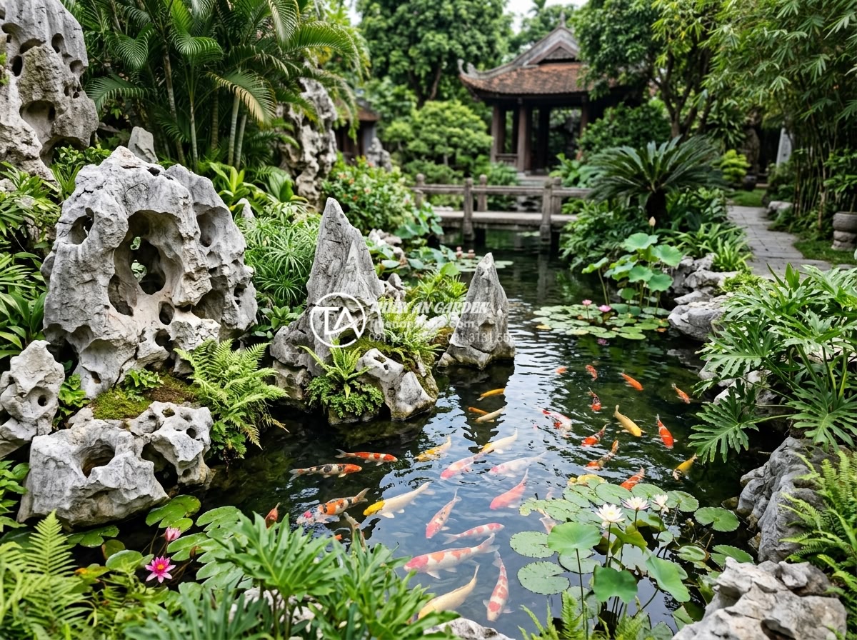 Cách phối hợp đá tai mèo với các loại cây thủy sinh phổ biến - Hình 11 Cách phối hợp đá tai mèo với các loại cây thủy sinh phổ biến - Luxurious Koi pond featuring cat ear stone formations integrated with aquatic pl