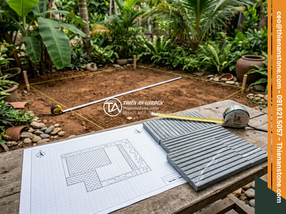 Cách tính diện tích và số lượng đá răng lược cần mua chính xác nhất - Blueprint and measuring tape layout for accurate garden paving area calculation 