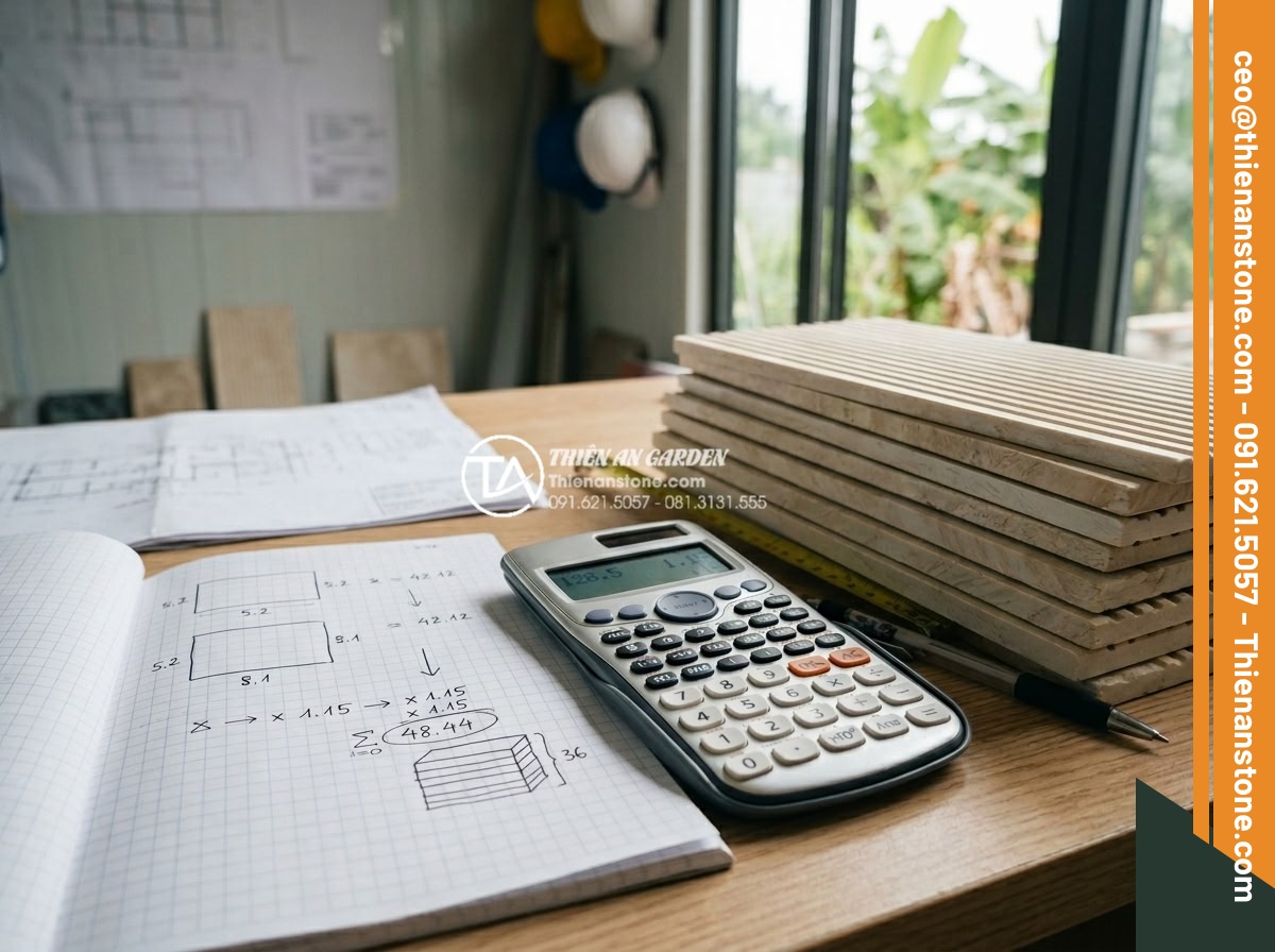 Cách tính diện tích và số lượng đá răng lược cần mua chính xác nhất - Mathematical formula chart and calculator showing exact stone quantity calculati
