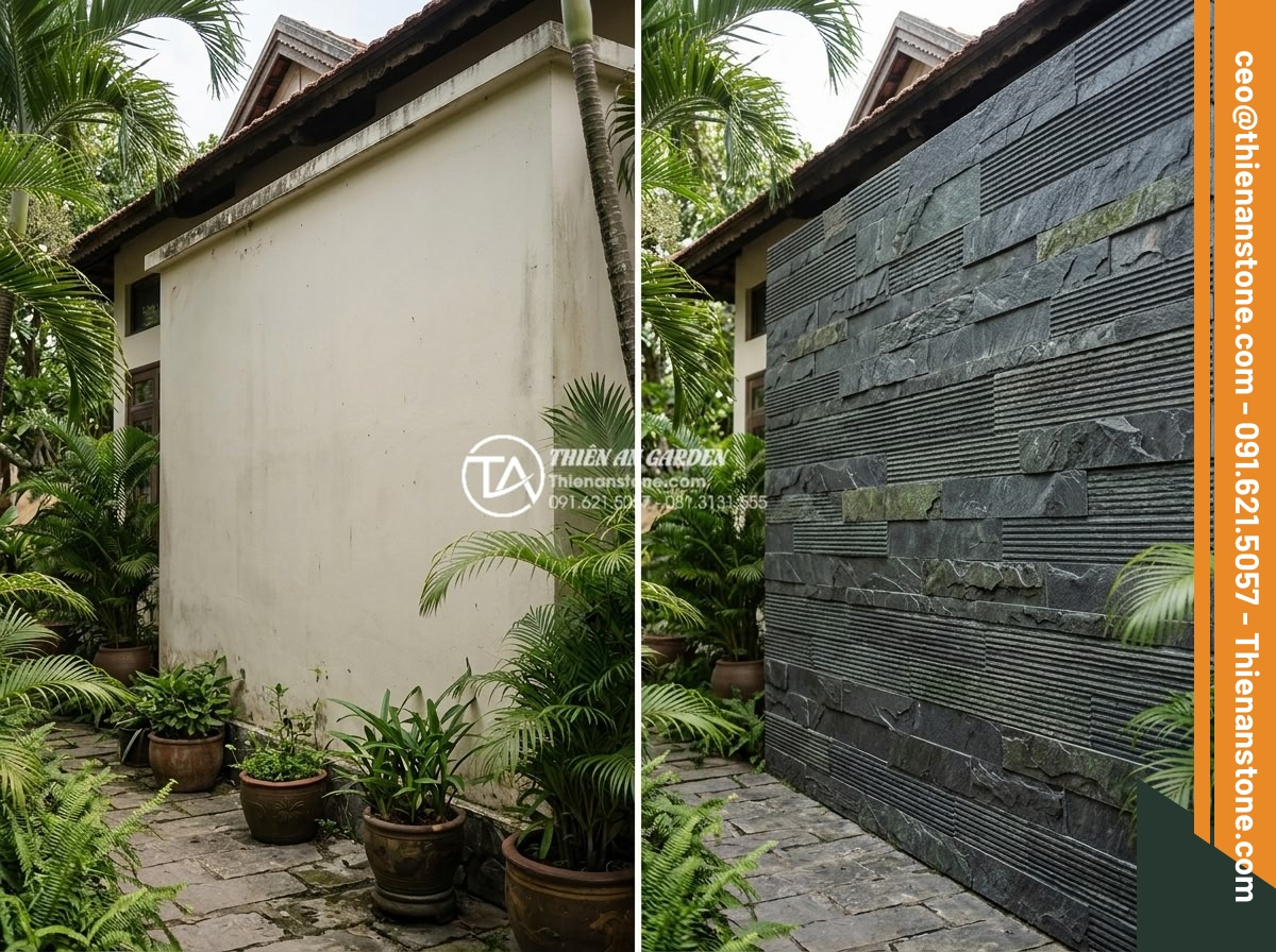 Cách tính diện tích và số lượng đá răng lược cần mua chính xác nhất - Before and after photos of luxury villa wall renovation project using gray comb 