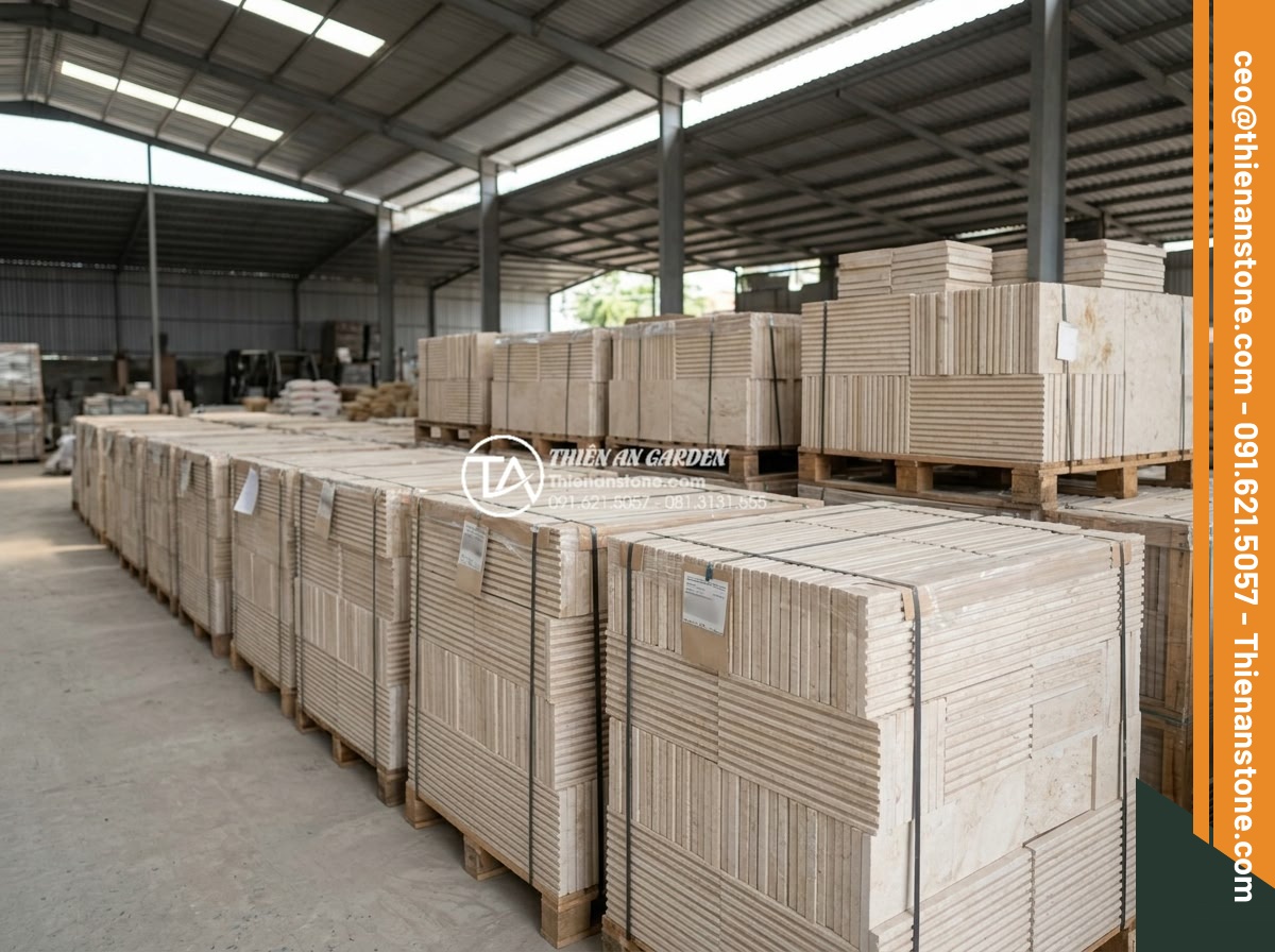 Cách tính diện tích và số lượng đá răng lược cần mua chính xác nhất - Professional stone supplier warehouse at Da Canh Thien An showing large stock of